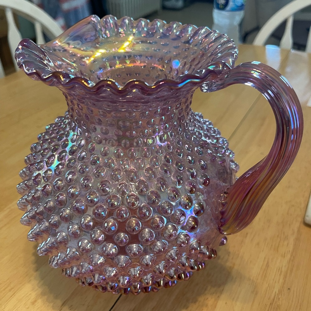 Stunning vintage Fenton Glass Pink Iridescent Carnival Hobnail Pitcher